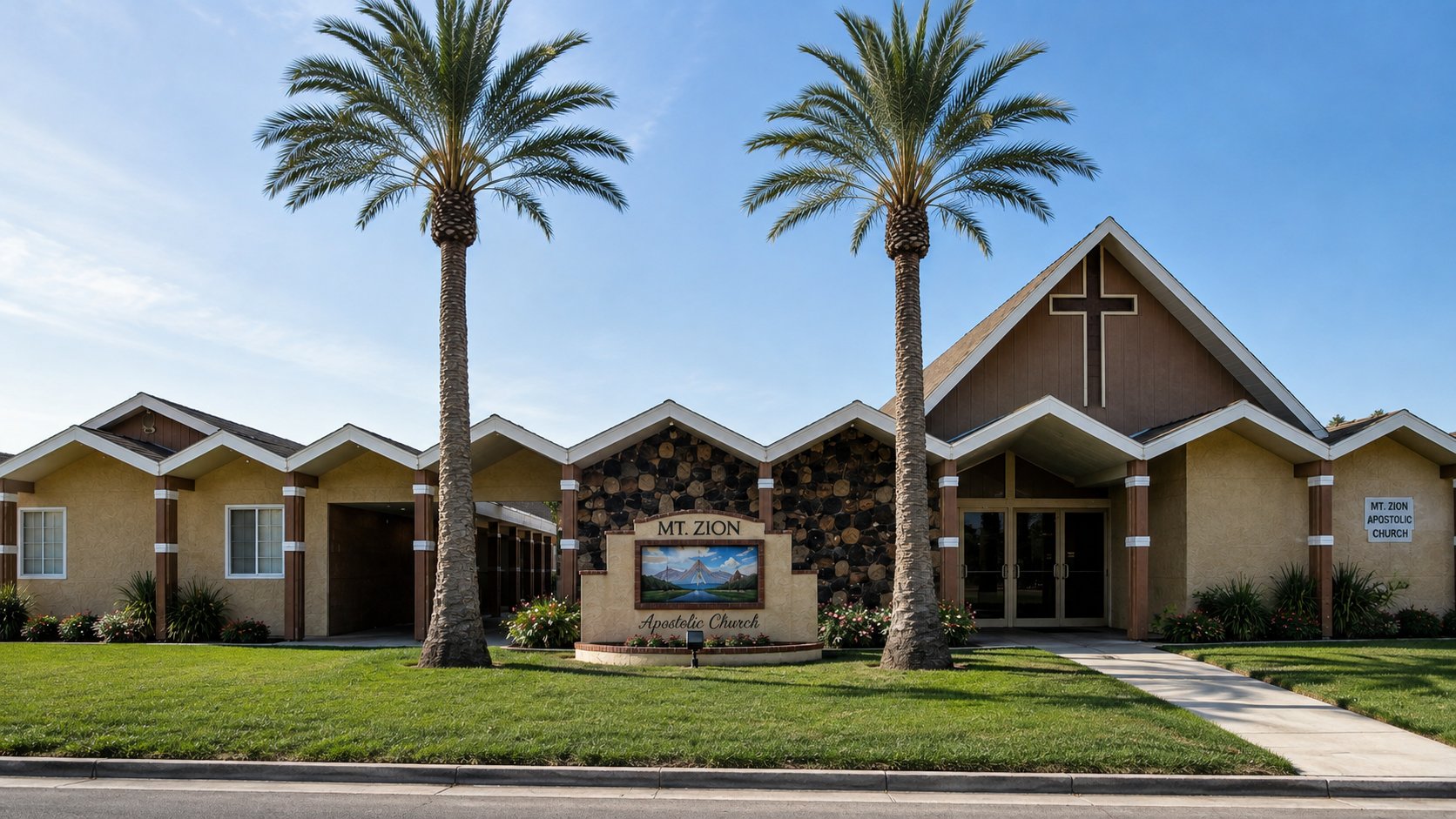 Mt. Zion Apostolic Church building on Lang Avenue in Sacramento, with palm trees and a cross on the front gable