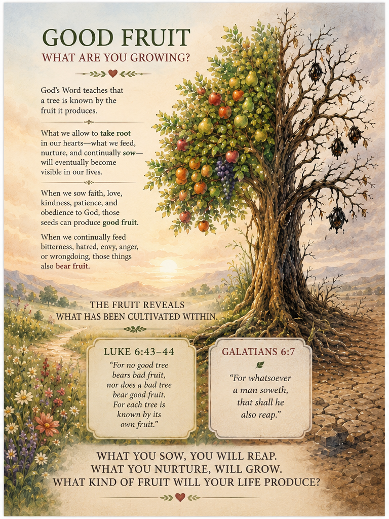 Good Fruit — Luke 6:43–44 and Galatians 6:7, a fruit tree in a field